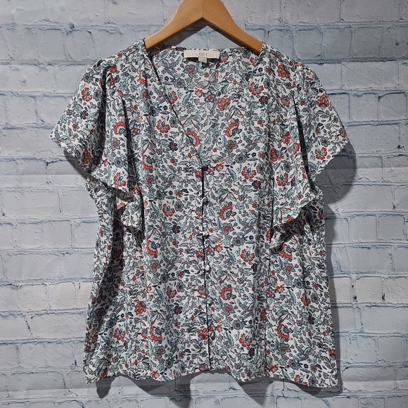 LOFT Tops - Loft Large Floral Ruffle Sleeve Button Up Top Prairie Cottagecore Office Casual